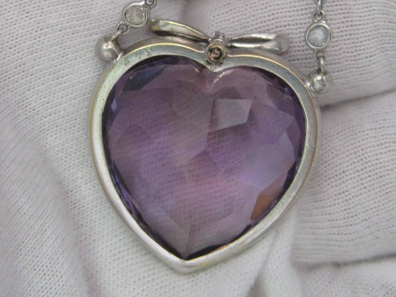33.12 Carat Heart Shaped Amethyst Diamond Platinum Pendant and Chain In Excellent Condition In Lexington, KY