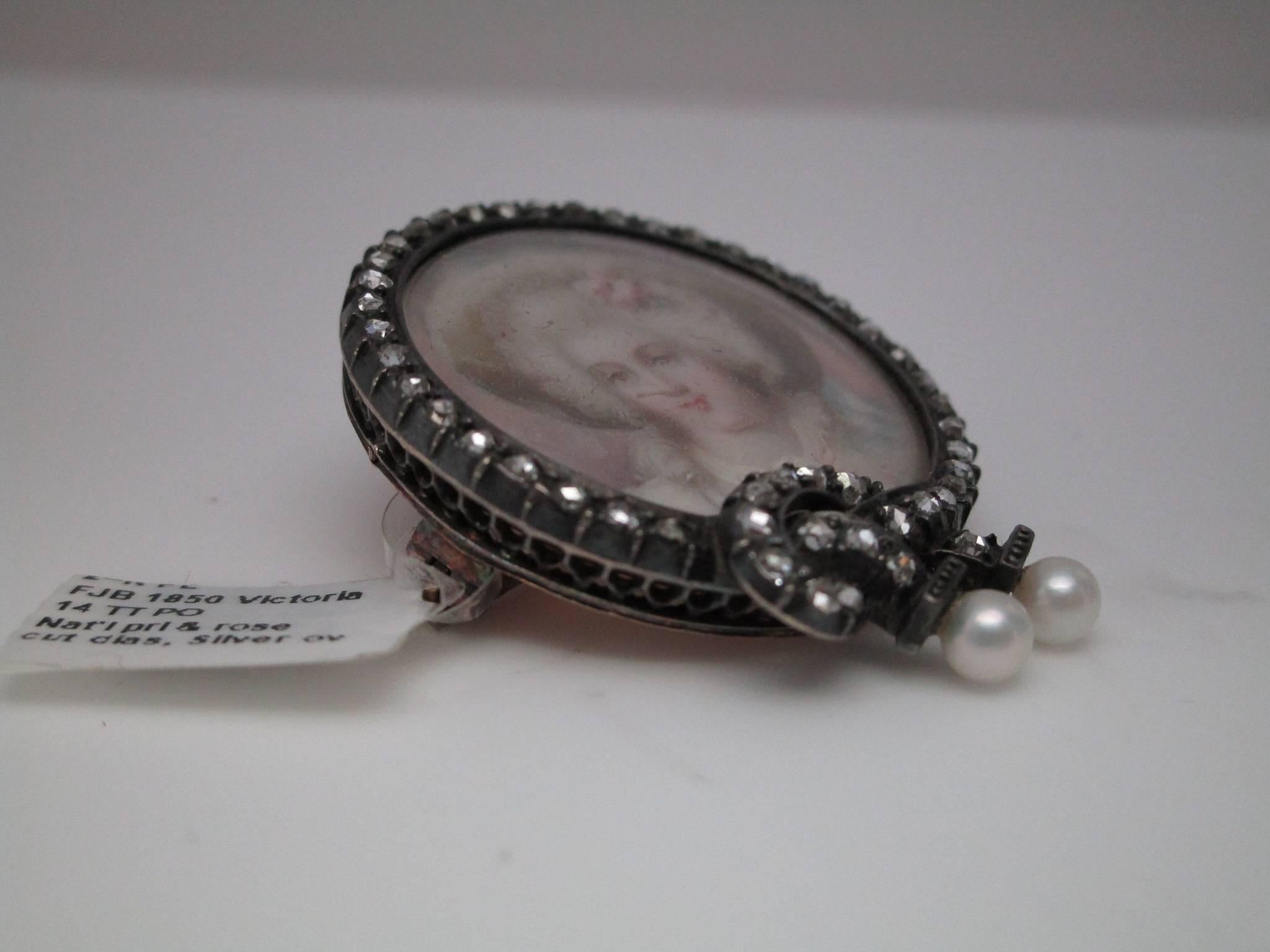 Early Victorian Natural Pearls and Rose Cut Diamonds on a Silver Over Gold Painted Portrait Pin For Sale