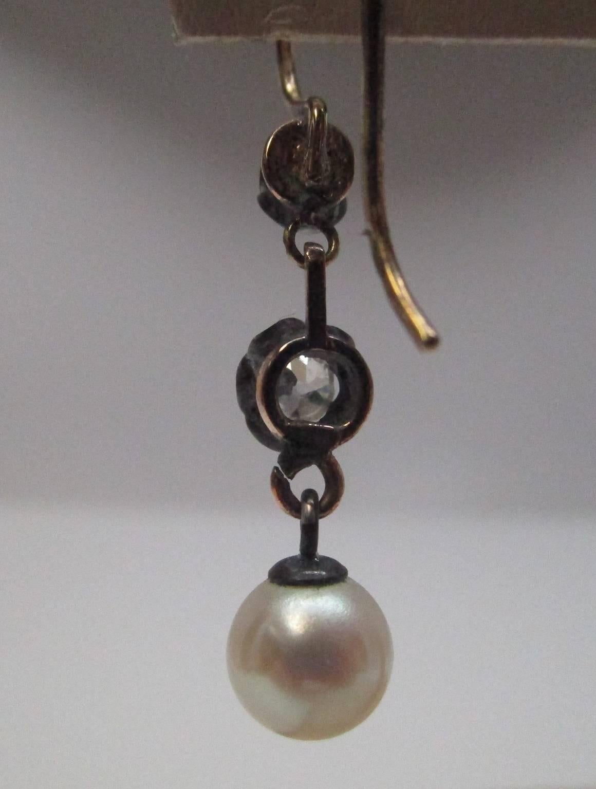 Late Victorian Victorian Silver over Gold Diamond and Pearl Dangle Earrings