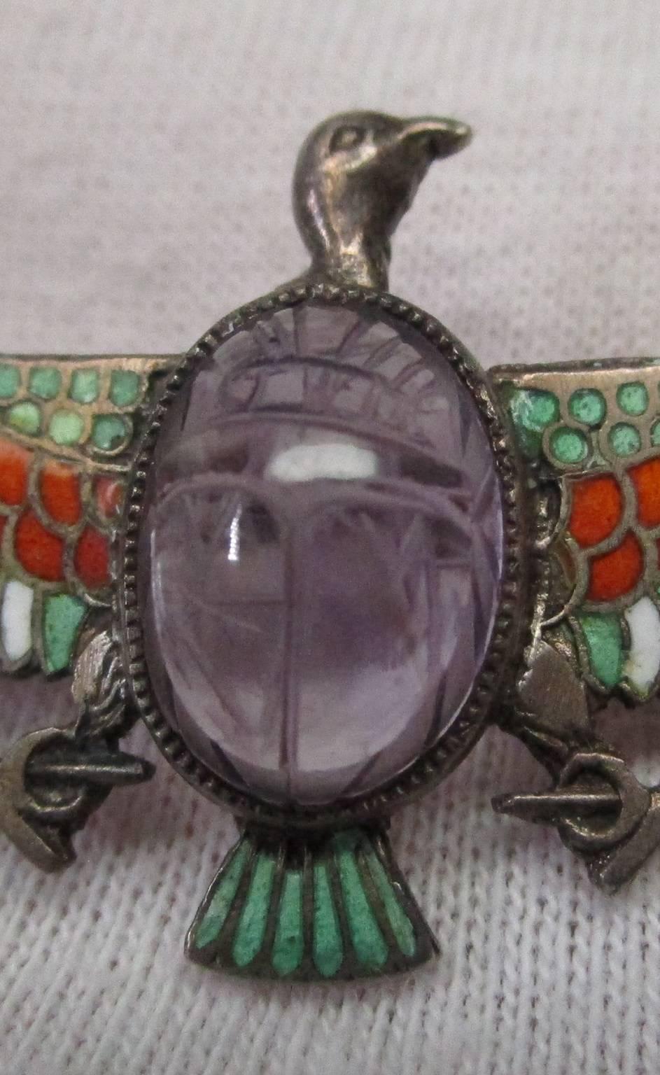 Egyptian Revival Silver Enamel Amethyst Eagle Pin In Excellent Condition In Lexington, KY