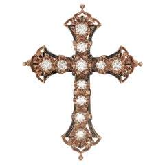 1950's 14k Yellow Gold Diamond & Enamel Cross Pin/Pendant