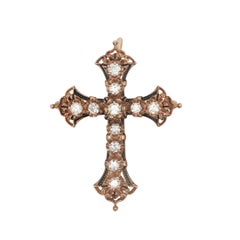 1950's 14k Yellow Gold Diamond & Enamel Cross Pin/Pendant