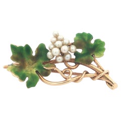 1890s Art Nouveau 14k Yellow Gold Pearl & Enamel Grape Vine Brooch
