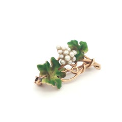 1890s Art Nouveau 14k Yellow Gold Pearl & Enamel Grape Vine Brooch