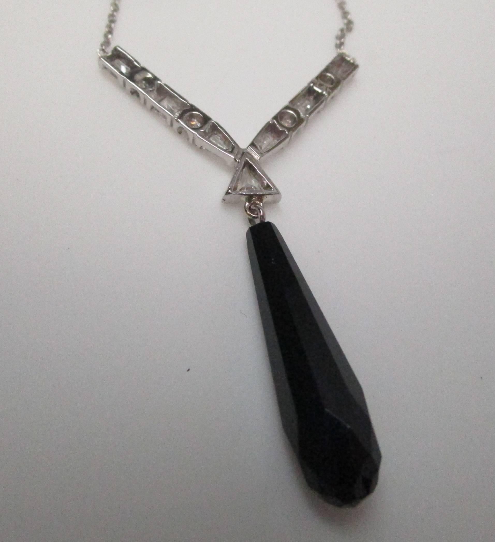 Art Deco Platinum Diamond Black Onyx Drop Necklace 1