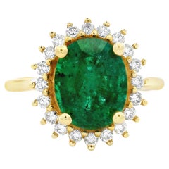 Natural Emerald and Diamond Halo Ring 2.55 Carat Oval in 14K Yellow Gold
