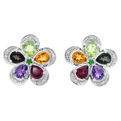 Multicolor Gemstone Flower Earrings in 14K White Gold with Diamond Accents
