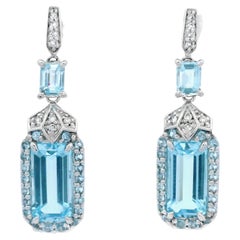 Sky Blue Topaz and Diamond Drop Earrings Art Deco in 14K White Gold