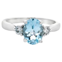 Oval Aquamarine and Diamond Ring 1.05 Carat in 14K White Gold Size 7