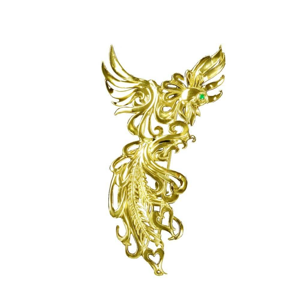 Cabochon Emerald 18 Karat Gold PHOENIX Brooch or Pendant by John Landrum Bryant For Sale
