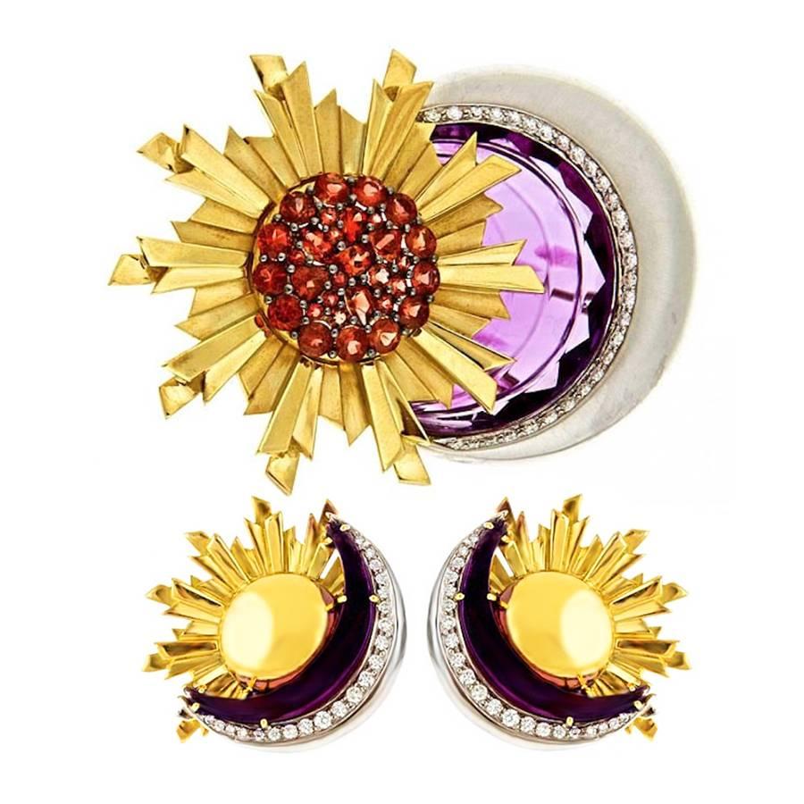 Sun and Moon Amethyst Brooch or Pendant and Matching Earrings For Sale