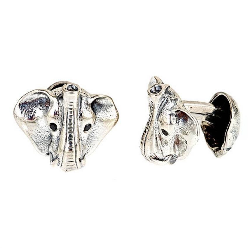 Black Diamond Eyes Silver Elephant Head Cufflinks with by John Landrum Bryant For Sale