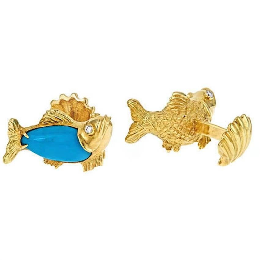 Diamond Turquoise 18 Karat Yellow Gold FISH Cufflinks by John Landrum Bryant For Sale