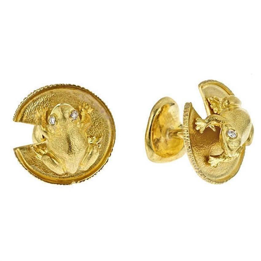 Diamond 18k Gold FROG AND WATER LILY LEAF Cufflinks by John Landrum Bryant For Sale