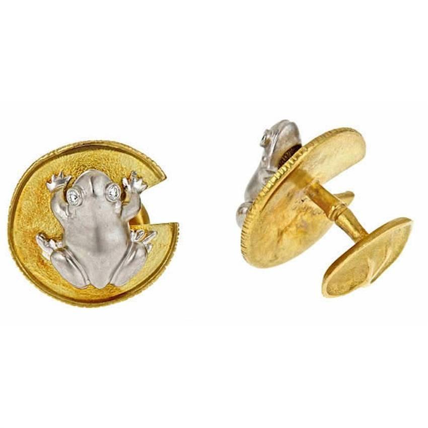 Diamonds and Platinum Frog and Water Lily Leaf Cufflinks by John Landrum Bryant For Sale