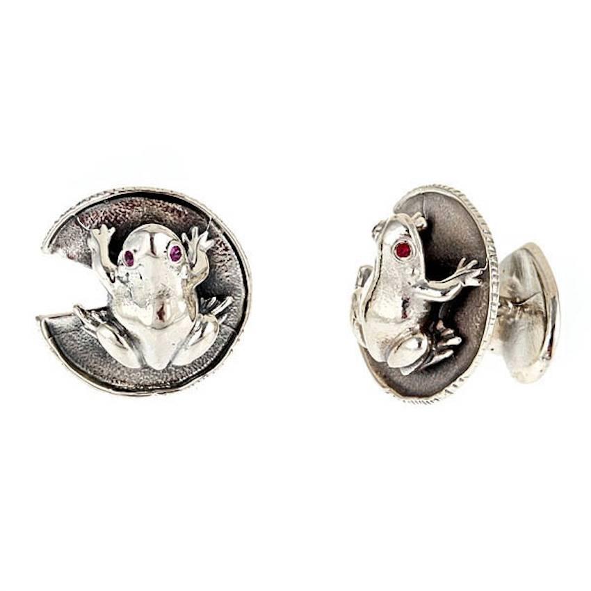Ruby Eyes Silver Frog and Water Lily Leaf Cufflinks by John Landrum Bryant