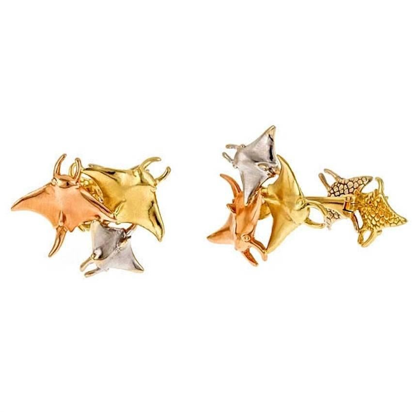18k Yellow White and Rose Gold MANTA RAY Cufflinks by John Landrum Bryant For Sale