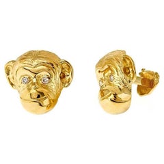 Diamond Eyes 18kt Yellow Gold Large Monkey Head Cufflinks by John Landrum Bryant