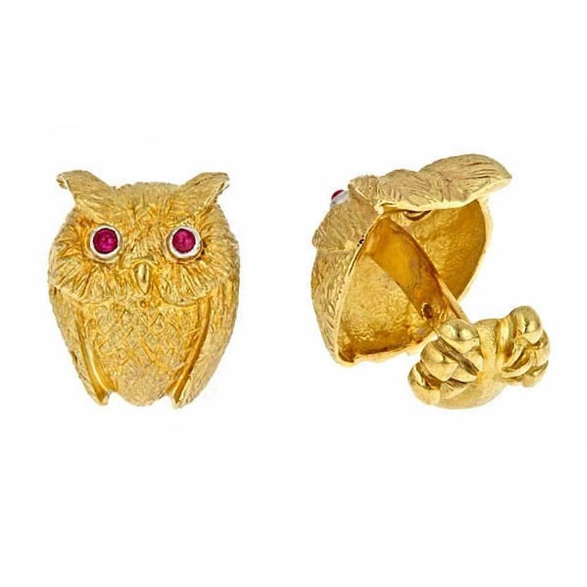 Ruby Eyes 18k Yellow Gold Platinum OWL Cufflinks by John Landrum Bryant