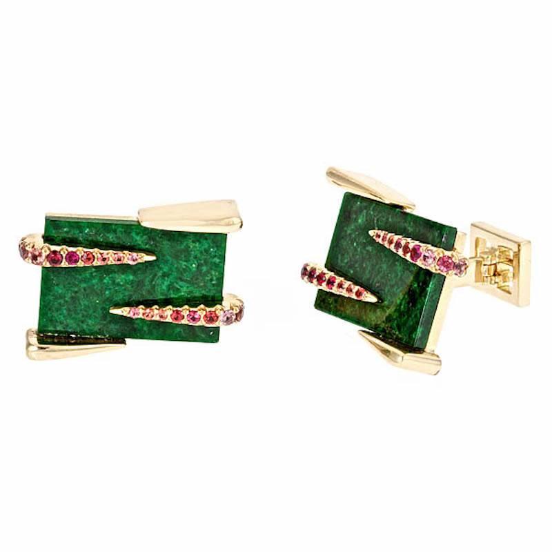 Sapphires and 18k Gold Rectangular Green Jade Cufflinks by John Landrum Bryant For Sale