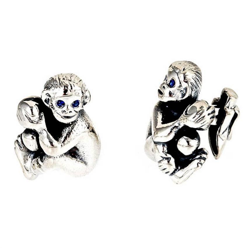 Sapphires Sterling Silver Seated Monkey Baby Cufflinks by John Landrum Bryant For Sale