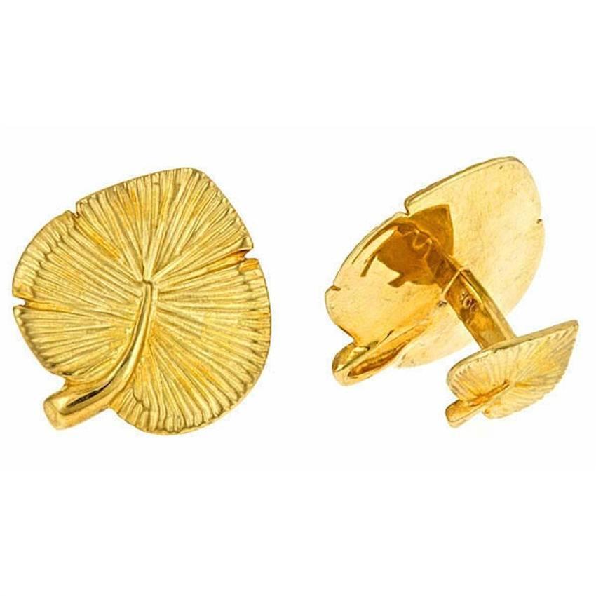 18k Yellow Gold Water Lily Leaf Cufflinks by John Landrum Bryant For Sale