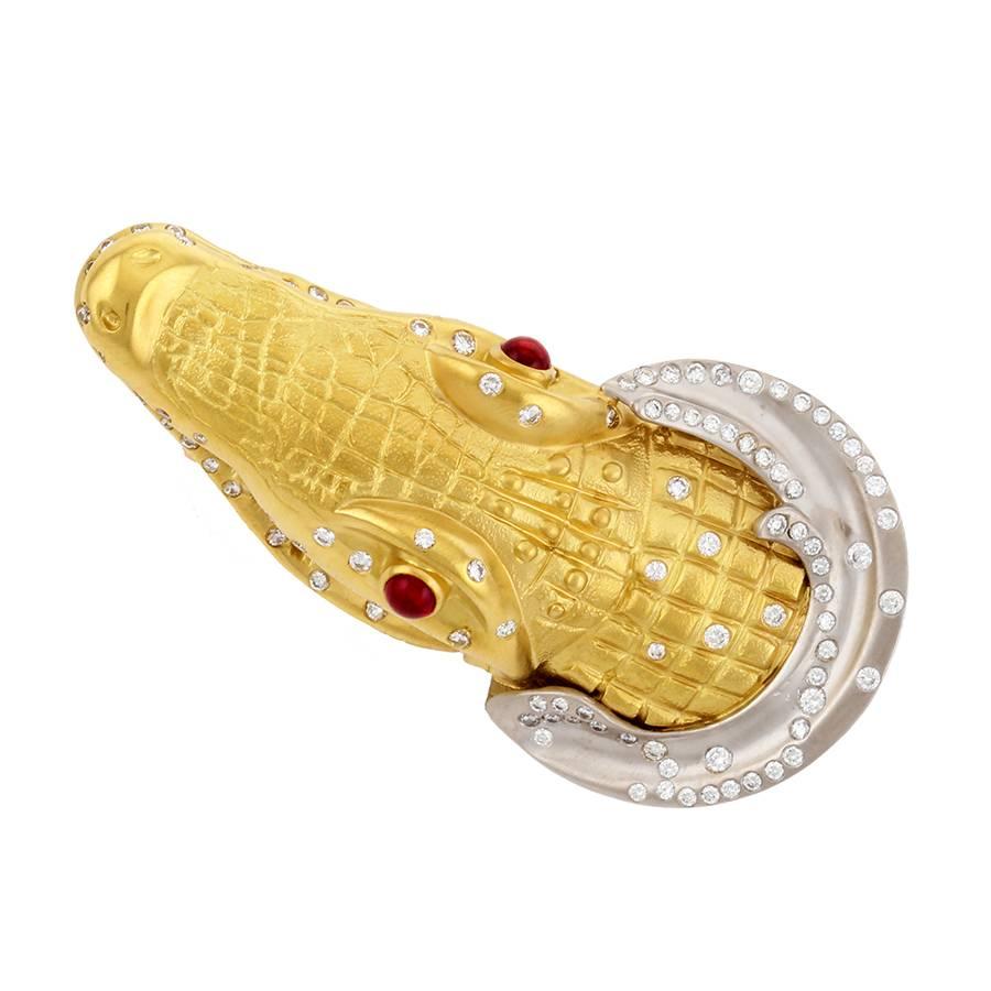 Diamonds and Rubies Platinum 18k Gold ALLIGATOR HEAD Brooch John Landrum Bryant For Sale