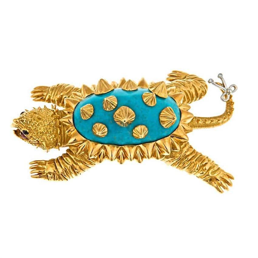 Turquoise and Platinum 18k Gold ALLIGATOR TURTLE Brooch by John Landrum Bryant For Sale