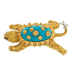 Turquoise and Platinum 18k Gold ALLIGATOR TURTLE Brooch by John Landrum Bryant