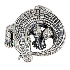 Tsavorites Sterling Silver Curled Alligator Brooch by John Landrum Bryant