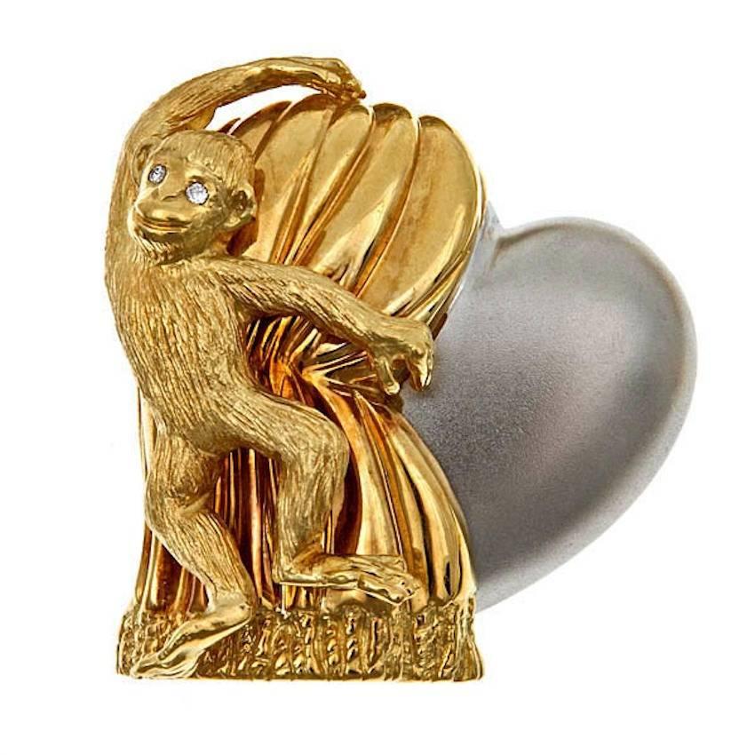 Diamond 18k Gold Monkey with Heart ‘Love Revealed’ Brooch by John Landrum Bryant For Sale
