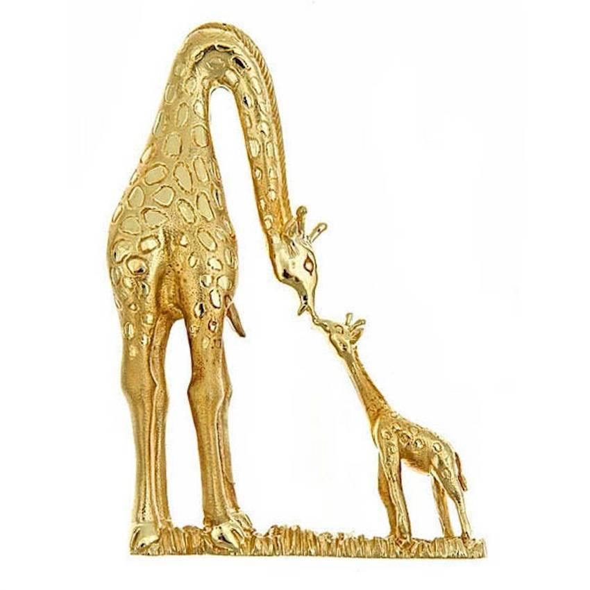 18k Yellow Gold MOTHER AND BABY GIRAFFE Brooch by John Landrum Bryant For Sale