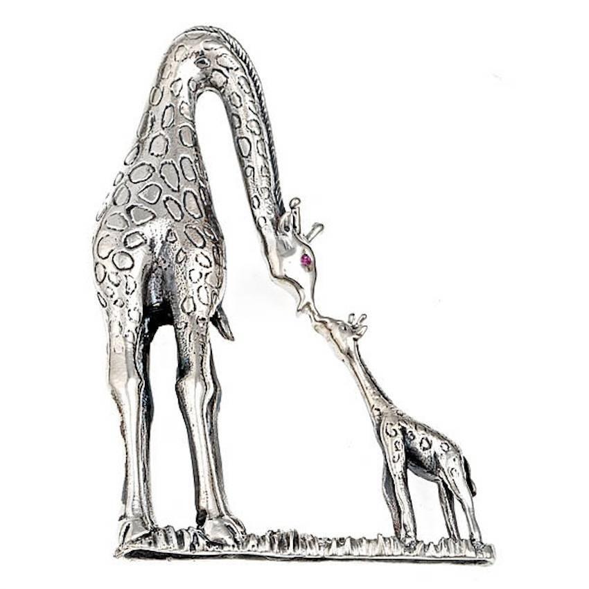 Ruby Sterling Silver Mother and Baby Giraffe Brooch John Landrum Bryant