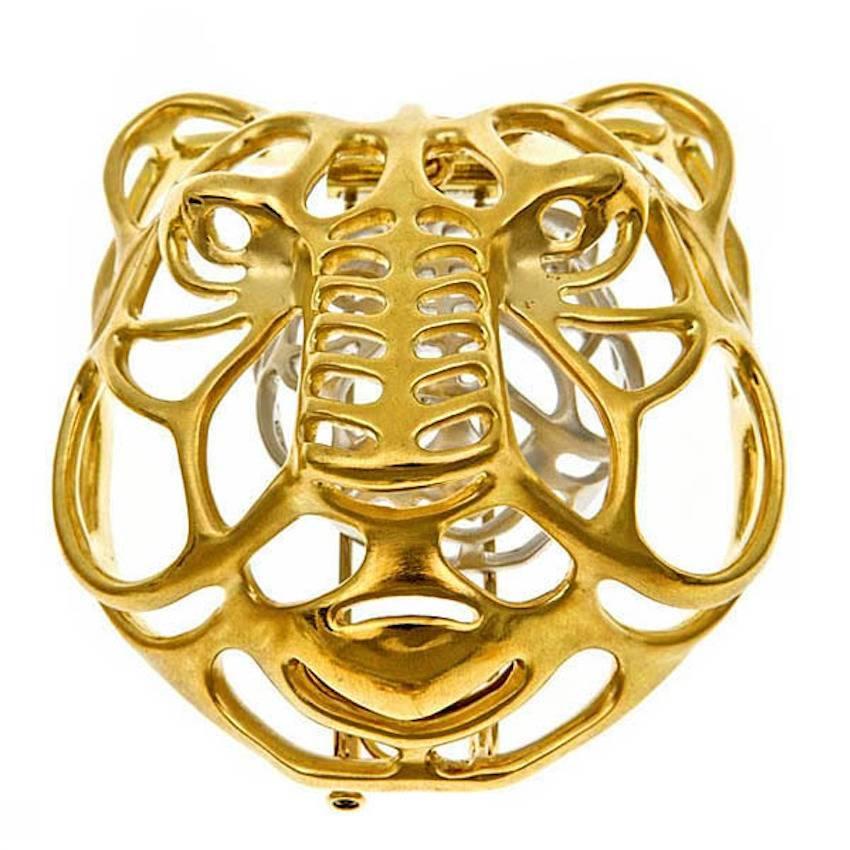 18 Karat Yellow and White Gold MYSTICAL TIGER Brooch by John Landrum Bryant For Sale