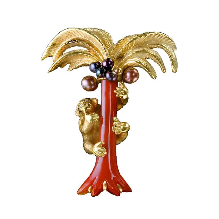 18k PALM TREE Brooch with Brown Pearls by John Landrum Bryant For Sale