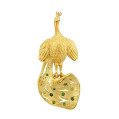 18k Yellow Gold White and Green Diamonds PEACOCK Brooch by John Landrum Bryant