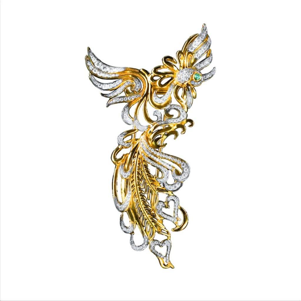 Emerald Eyes 18 Karat Gold PHOENIX Brooch with Diamonds by John Landrum Bryant For Sale