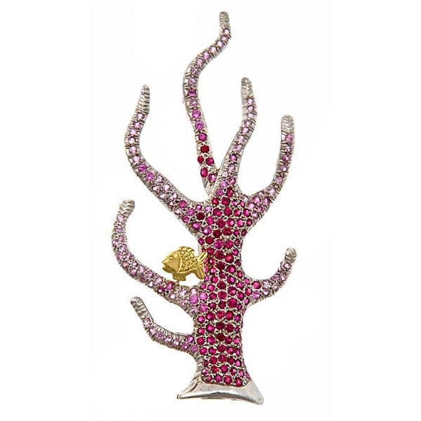 Diamond Ruby 18k White Yellow Gold STAGHORN CORAL Brooch by John Landrum Bryant For Sale