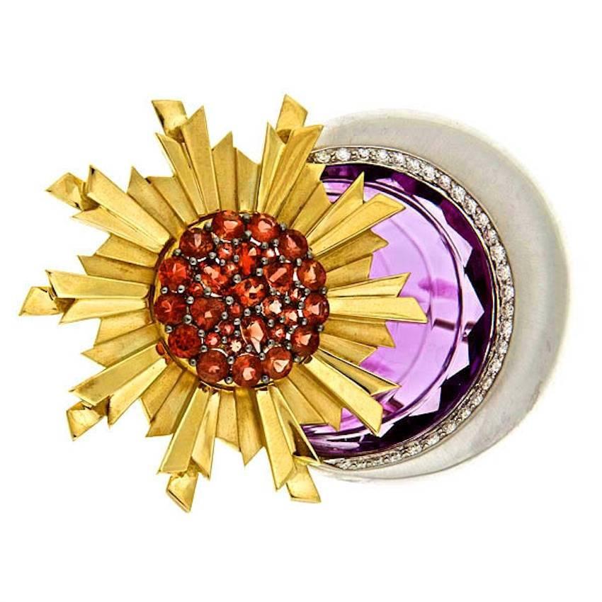 Amethysts Diamond 18k White Yellow Gold SUN AND MOON Brooch John Landrum Bryant For Sale