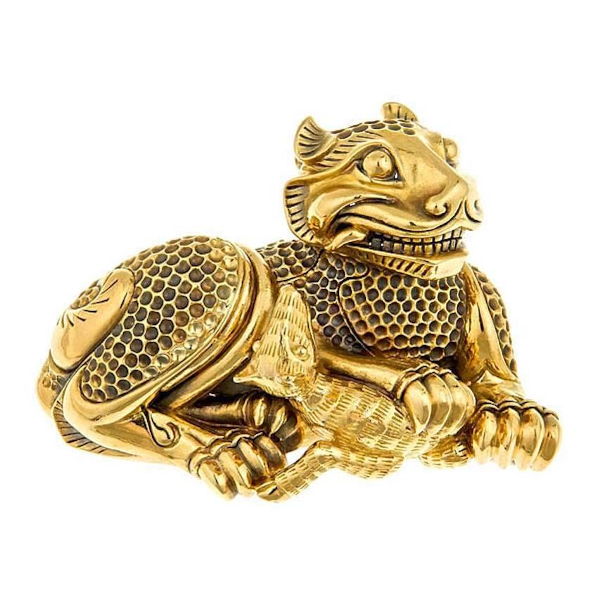 20k Special Alloyed Gold TIGER AND FAWN Brooch/Pendant by John Landrum Bryant For Sale