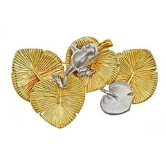 18k Yellow Gold Platinum WATER LILY WITH FROG Brooch by John Landrum Bryant