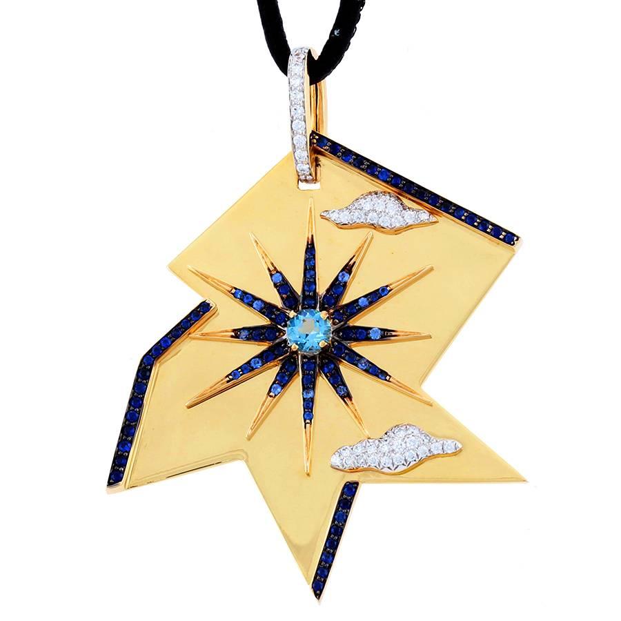 Diamond Aquamarine and Blue Sapphire Gold Summer Pendant 2 John Landrum Bryant For Sale