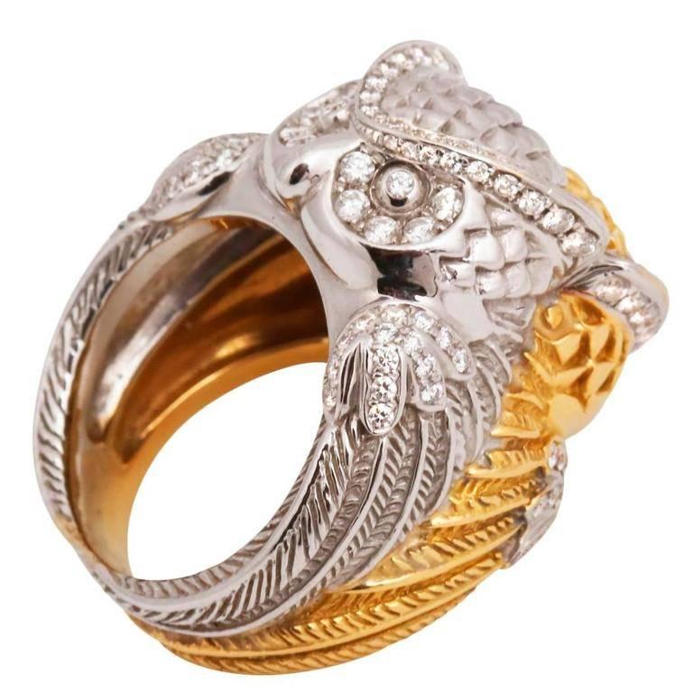 1.21ct Diamonds 18k Yellow and White Gold DOUBLE OWL Ring by John Landrum Bryant For Sale