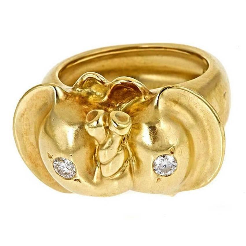 Diamonds 18k Yellow Gold ELEPHANTS IN LOVE Ring by John Landrum Bryant For Sale