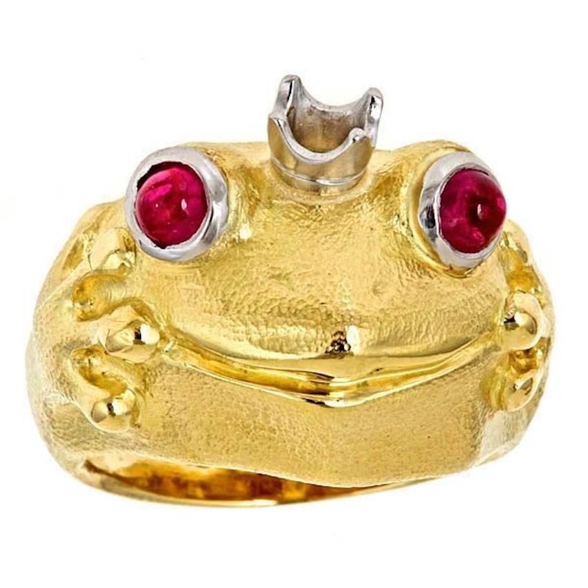Ruby 18k Yellow Gold Platinum FROG PRINCE Ring by John Landrum Bryant For Sale