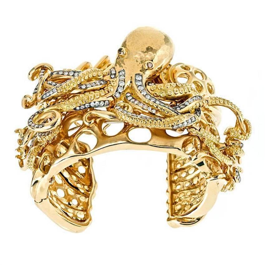 White Diamonds 18k Gold Octopus Family Convertible Cuff by John Landrum Bryant For Sale