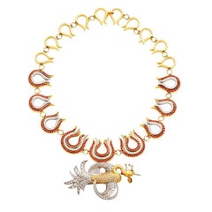 White Diamond and Ruby 18k FIREBIRD AND FLAMES Necklace by John Landrum Bryant