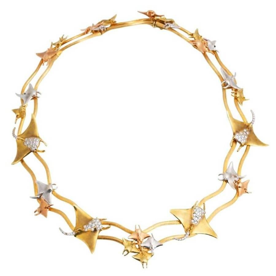 Diamonds Yellow White and Rose Gold Manta Ray Necklace John Landrum Bryant For Sale