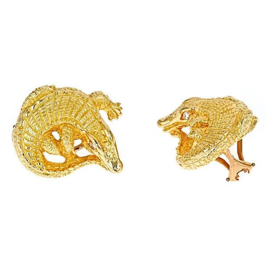 Diamonds 18 Karat Gold CURLED ALLIGATOR Earrings by John Landrum Bryant For Sale