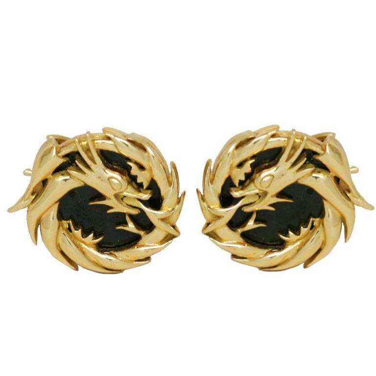 18 Karat Gold Black Sterling Silver Dragon Earrings By John Landrum 18 Karat Gold Black Sterling Silver Dragon Earrings By John Landrum Bryant For